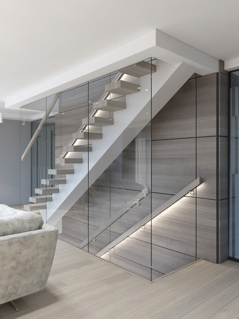 Modern stairs with glass wall. LHM Step model X08