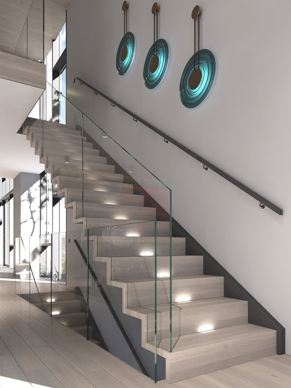 Modern I-form trapp med lukkede trinn og ledbelysning. Xtrapp
